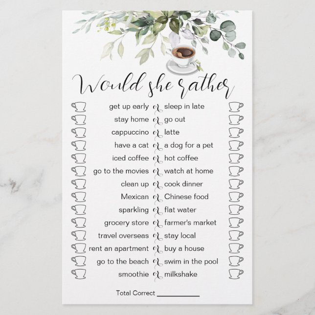 Coffee Themed Shower Bridal Shower Game Card Flyer (Front)