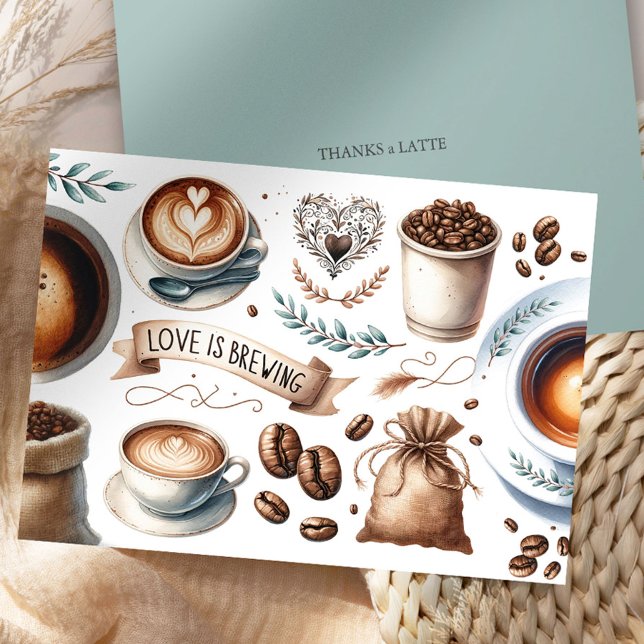 Coffee-Themed Thank You Cards, Thanks a Latte (wedding thank you cards wedding and bridal shower love is brewing coffee theme by Do Tell A Belle)