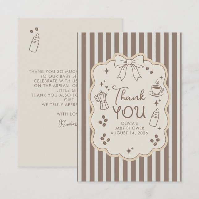 Coffee Themed Whimsical Baby Shower Thank You Card (Front/Back)