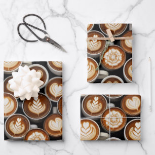 Coffee Themed Wrapping Paper Flat Sheet Set of 3