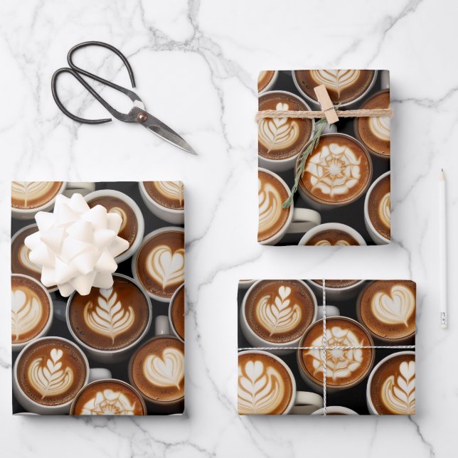 Coffee Themed Wrapping Paper Flat Sheet Set of 3 (Front)