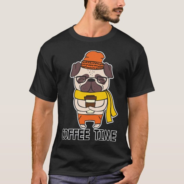 Coffee Time Cartoon Pug T-Shirt (Front)