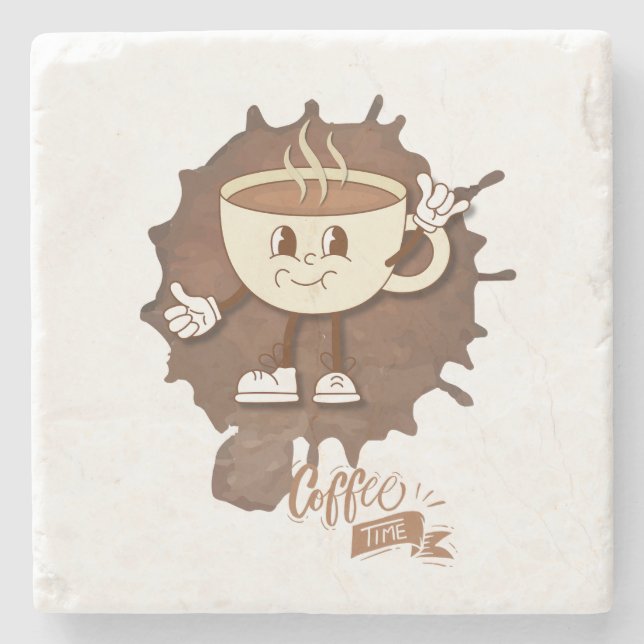 **Coffee Time – Cute Smiling Cup Steam  Stone Coaster (Front)