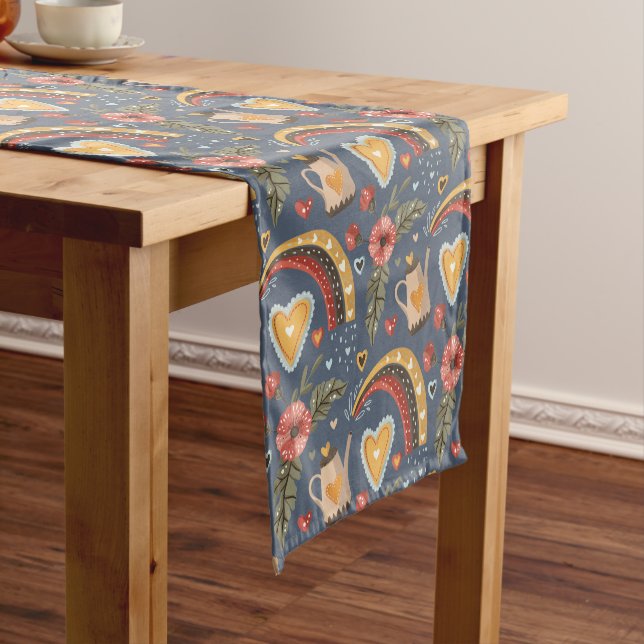 Coffee Time Heart Rainbow Boho Pattern Short Table Runner (In Situ)