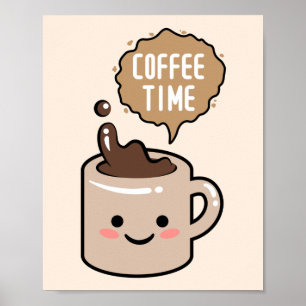 coffee time kawaii coffee cup illustration poster