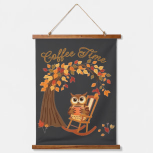 Coffee Time Owl Fall Themed Whimsical Design Hanging Tapestry