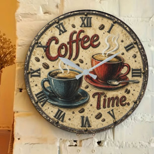 Coffee Time Rustic Vintage Farmhouse Coffee Bar Large Clock
