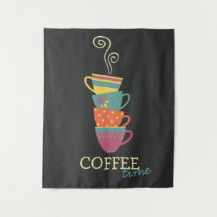 Coffee time stacked steaming cups tapestry