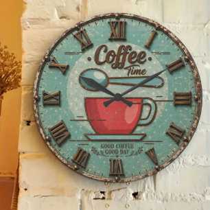Coffee Time Vintage Farmhouse Coffee Bar Large Clock