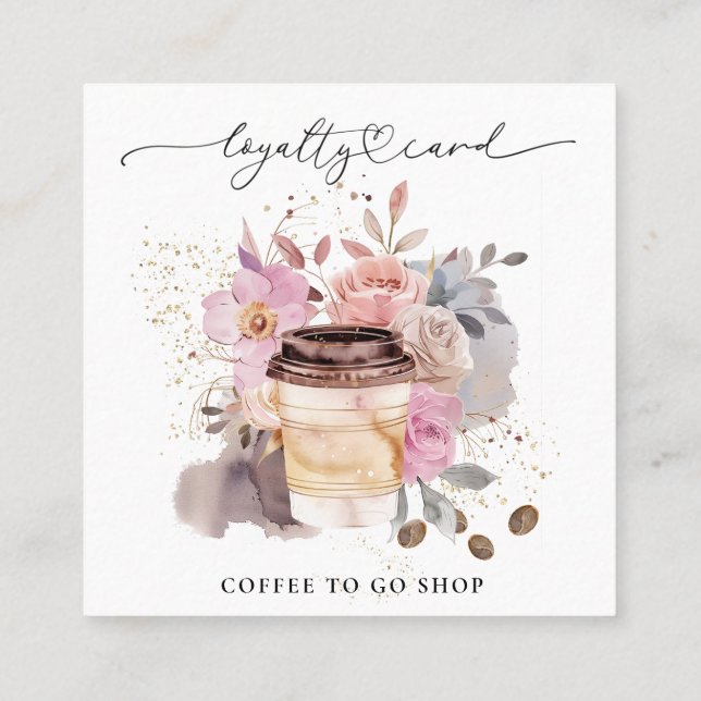 *~* Coffee To Go Glitter Heart Rewards Floral QR Loyalty Card (Back)