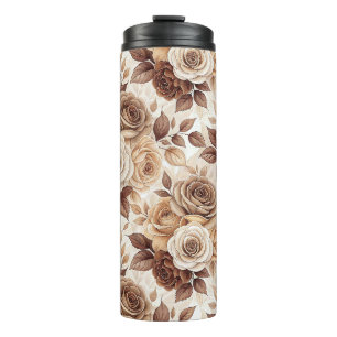 Coffee Tones Floral Rose Pattern Thermal Tumbler