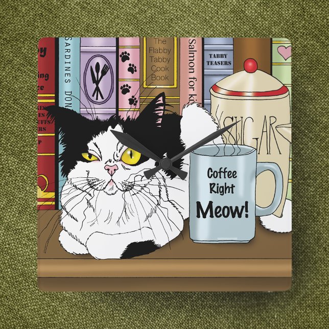 Coffee Tuxedo Cat Funny Square Wall Clock (Creator Uploaded)