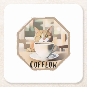 Coffeow Busy Cute Cat Square Paper Coaster