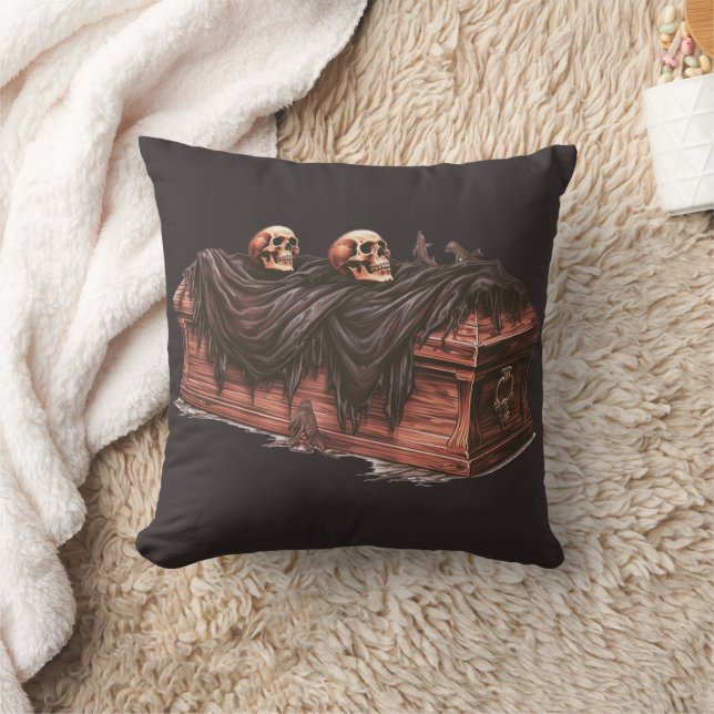 Coffin and Skulls Black Happy Halloween Cushion (Blanket)