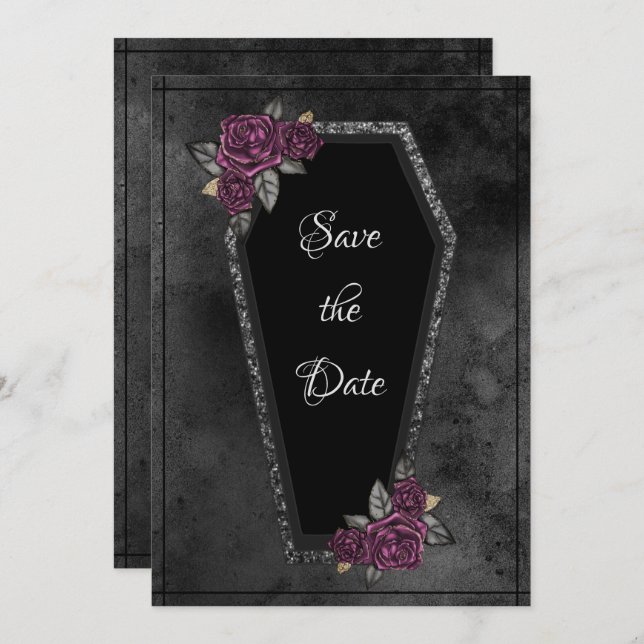 Coffin Black Grey Roses Sparkle Halloween  Save The Date (Front/Back)