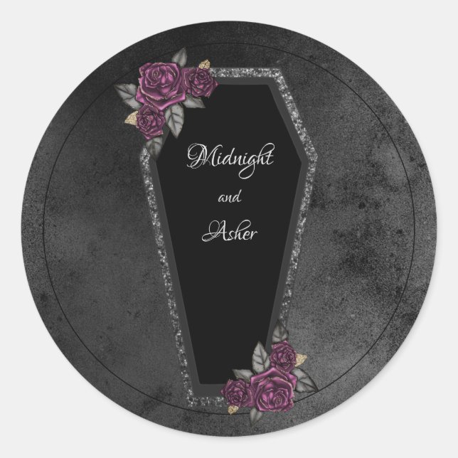 Coffin Black Grey Roses Sparkle Halloween Wedding  Classic Round Sticker (Front)