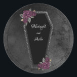 Coffin Black Grey Roses Sparkle Halloween Wedding  Classic Round Sticker<br><div class="desc">Dark and beautiful,  this coffin wedding sticker label is perfect for a gothic or Halloween wedding. Coffin has grey glitter sparkle around the edges and purple roses with gold and grey green leaves. Background is a moody black watercolor.  See coordinating items in our shop,  Enchanted Finch.</div>