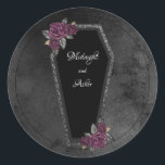 Coffin Black Grey Roses Sparkle Halloween Wedding  Classic Round Sticker<br><div class="desc">Dark and beautiful,  this coffin wedding sticker label is perfect for a gothic or Halloween wedding. Coffin has grey glitter sparkle around the edges and purple roses with gold and grey green leaves. Background is a moody black watercolor.  See coordinating items in our shop,  Enchanted Finch.</div>
