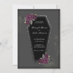 Coffin Black Grey Roses Sparkle Halloween Wedding Invitation
