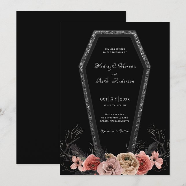 Coffin Roses Gothic Halloween Wedding Invitation (Front/Back)