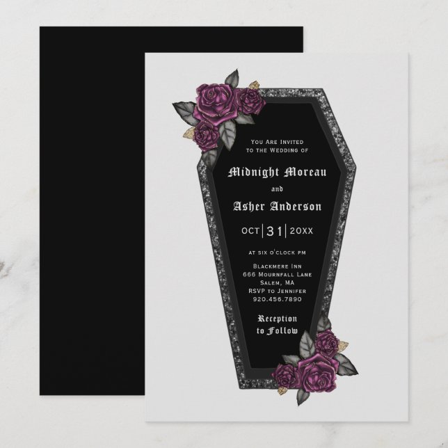 Coffin Roses Sparkle Halloween Wedding Invitation (Front/Back)