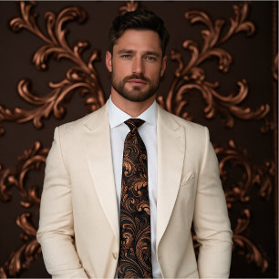 Cognac Embossed Leather Baroque Filigree Tie