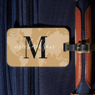 Cognac World Map Script Monogram Luggage Tag