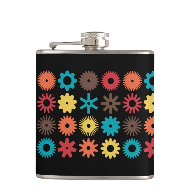 Cogs - Colours 02 - on Black Hip Flask (Front)