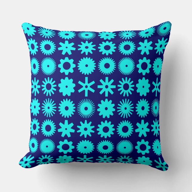 Cogs - Cyan on Deep Navy Cushion (Front)