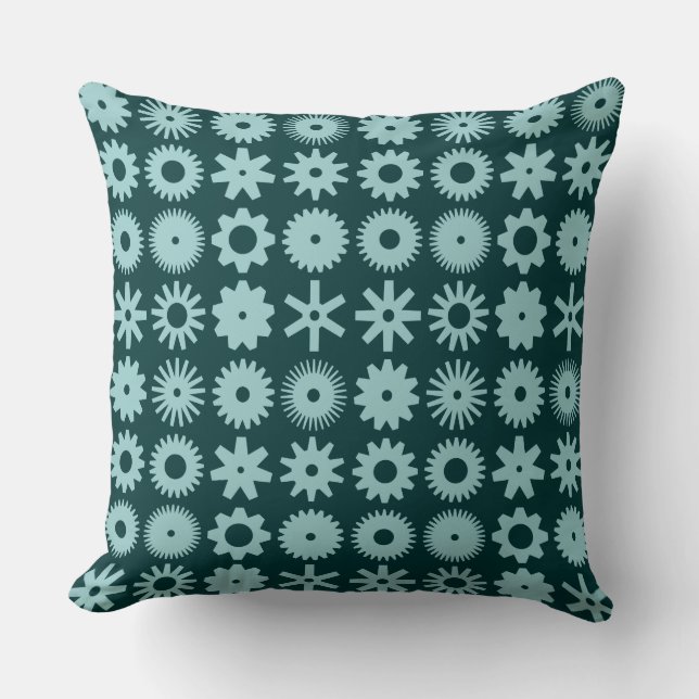 Cogs - Light Blue green on Dark Moss Green Cushion (Front)