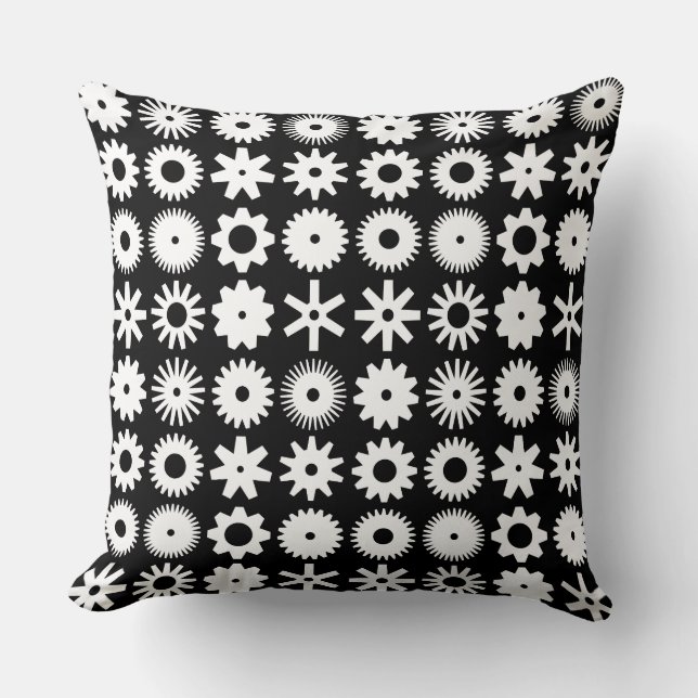 Cogs - White on Black Cushion (Front)