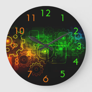 Cogwheels mechanics on black, neon green orange large clock