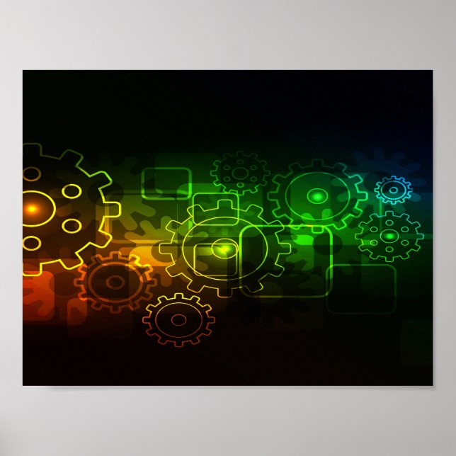 Cogwheels mechanics on black, neon green orange poster (Front)