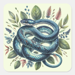 Coiled Snake Botanical Watercolor Art Square Sticker