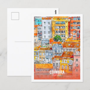 Coimbra Portugal Famous Travel Watercolor Sketch Postcard