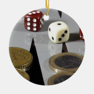 Coins on a backgammon board ceramic tree decoration
