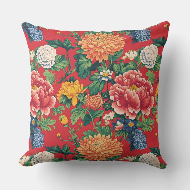 Coiorful Chinese Peony Floral Cushion (Front)