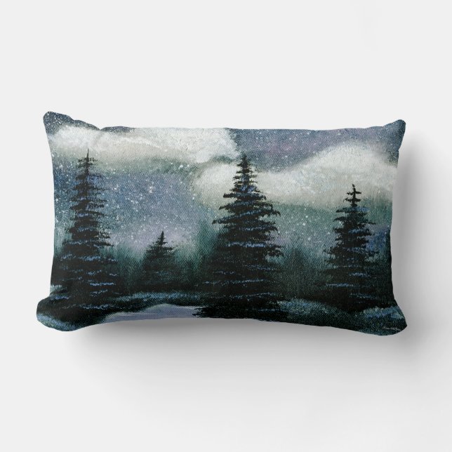 Cold Dark Winter Night, Lovely Snowy Landscape Lumbar Cushion (Front)