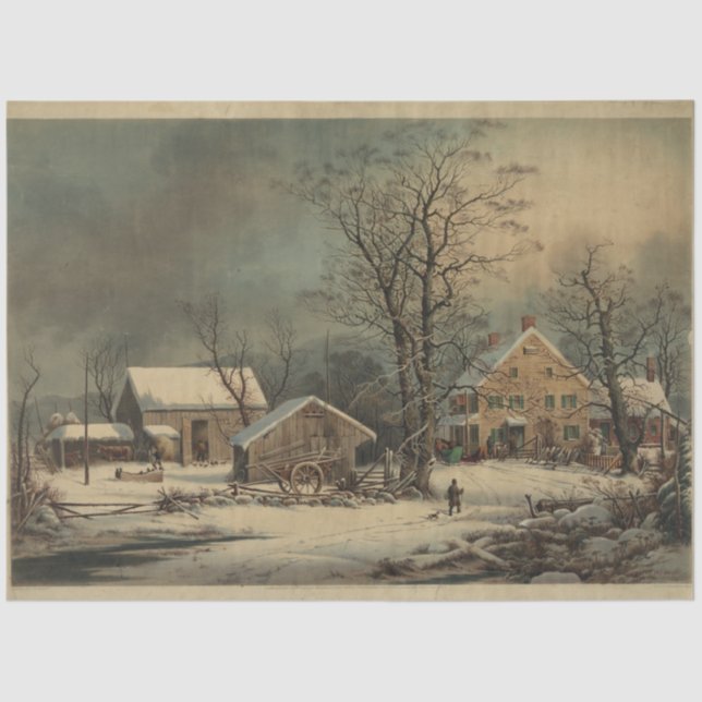 Cold Morning Farm Scene Currier & Ives Decoupage Tissue Paper (Front)