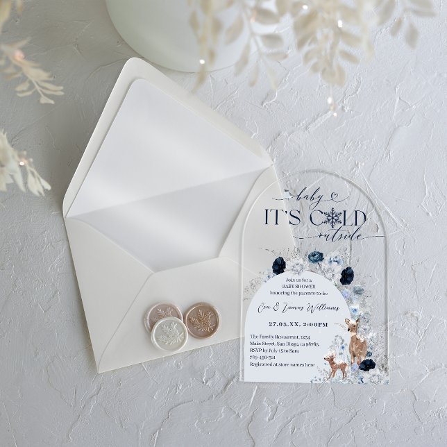Cold outside Blue Winter Floral Deer Baby Shower Acrylic Invitations (Creator Uploaded)