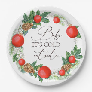 Cold Outside Christmas Wreath Winter Baby Shower Paper Plate