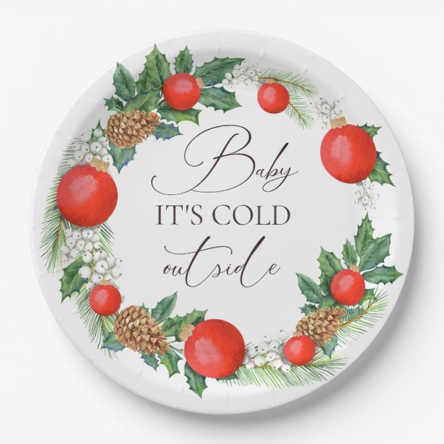 Cold Outside Christmas Wreath Winter Baby Shower Paper Plate (Front)