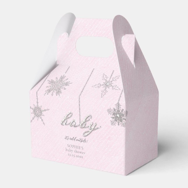 Cold Outside Glitter Snowflakes Pink Baby Shower Favour Box (Front Side)