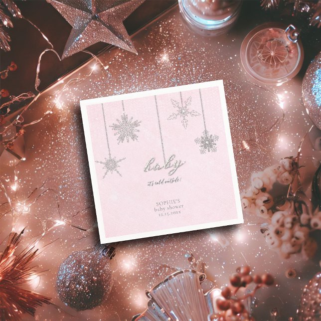 Cold Outside Glitter Snowflakes Pink Baby Shower Napkin (baby cold outside pink christmas girl baby shower personalized napkin snowflakes rhinestones glitter)