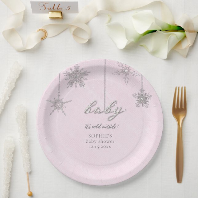 Cold Outside Glitter Snowflakes Pink Baby Shower Paper Plate (Wedding)