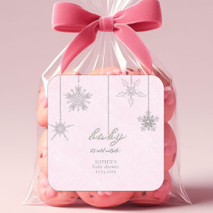 Cold Outside Glitter Snowflakes Pink Baby Shower Square Sticker