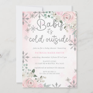 Cold Outside Pink Snowflakes Girl Baby Shower Invitation