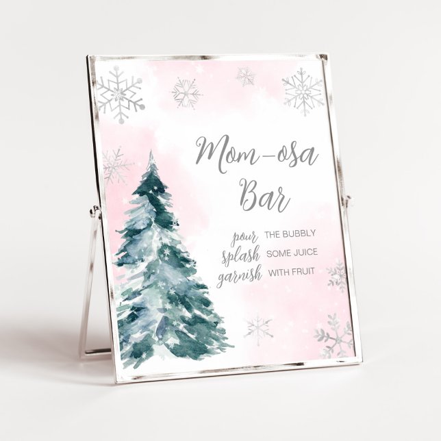 Cold Outside Pink Winter Baby Shower Mum Osa Bar Poster (Pink Silver Pine Tree Baby Shower Mom Osa Bar Sign)