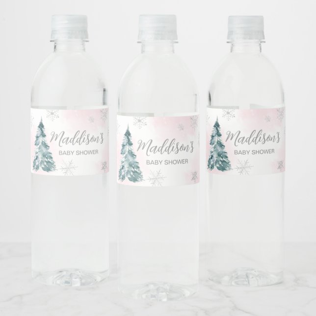 Cold Outside Pink Winter Baby Shower  Water Bottle Label (Bottles)