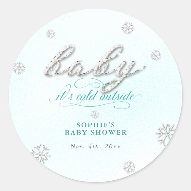 Cold Outside Rhinestone Glitter Winter Baby Shower Classic Round Sticker (Front)